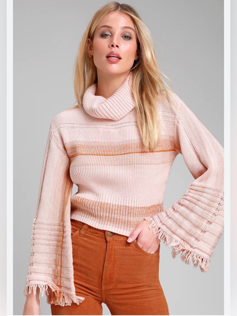 Free People Close To Me Light Blush Pink Striped Bell Sleeve Sweater